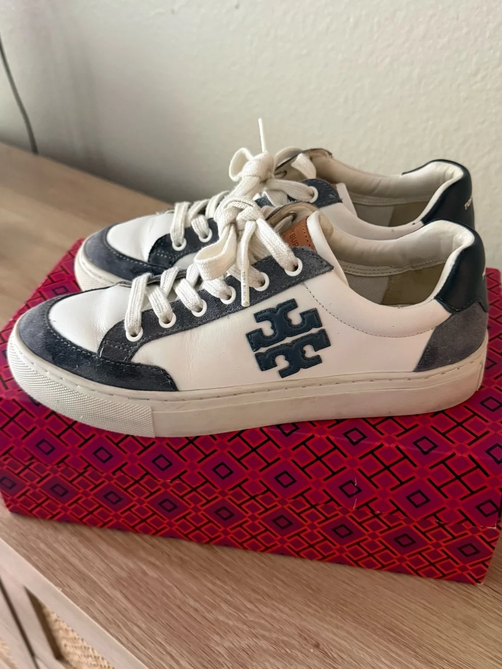 Tory Burch White and Navy Logo Sneakers